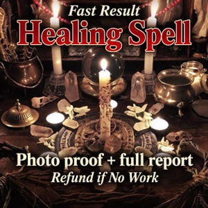 May include: A ritual setup featuring a central white candle, a crystal ball, and smaller candles arranged on a circular base. The text reads Fast Result Healing Spell, Photo proof + full report, and Refund if No Work, surrounded by various crystals.