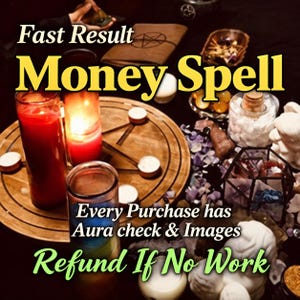 May include: A wooden pentacle board with red candles, small white tea lights, and various crystals. Text reads: Fast Result Money Spell, Every Purchase has Aura check & Images, Refund If No Work. The arrangement includes a brown book and glass containers.