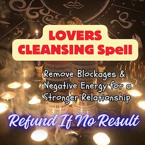 May include: A candle magic spell kit for lovers. The kit includes two candles, a bottle of essential oil, and a small bag of herbs. The candles are labeled "Vela Esoterica" and the text on the image reads "Remove Blockages & Negative Energy for a Stronger Relationship. Refund If No Result."
