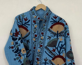 Chaqueta bordada de algodón suzani hecha a mano: abrigo tipo kimono azul