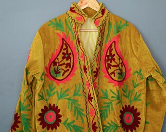Velvet Suzani Embroidered Jacket | Boho Kantha Quilt