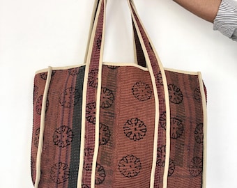 Bolso tote vintage Kantha hecho a mano: algodón acolchado