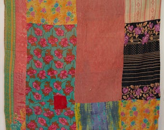 Indyjski koc Kantha w stylu vintage, ręcznie robiony, bawełniany koc w stylu boho, wyjątkowy prezent tekstylny