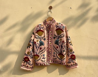 Cotton Suzani Hand Embroidery Jacket Coat, Beige Women Wear Winter Jackets, Bridesmaid Gift, Winter Jacket, Kimono Robe, Bridesmaid Jackets