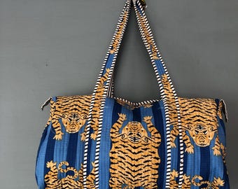 Handmade Cotton Quilted Weekender Bag: Block Printed Travel Duffle