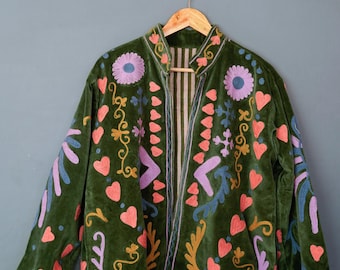 Velvet Suzani Embroidered Jacket | Boho Kantha Quilt