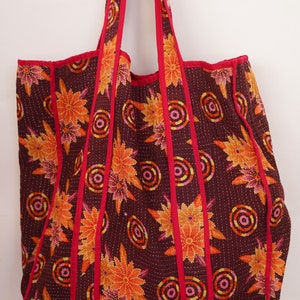 Handmade Kantha Quilt Tote Bag: Floral Print Shoulder Bag