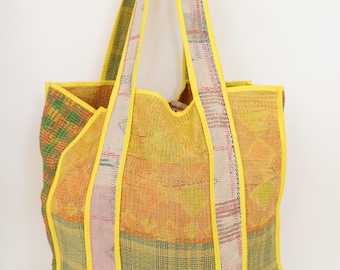 Bolsa de mano amarilla con colcha Kantha: bolso de hombro ecológico