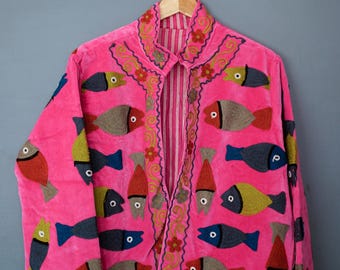 Velvet Suzani Embroidered Jacket | Boho Kantha Quilt