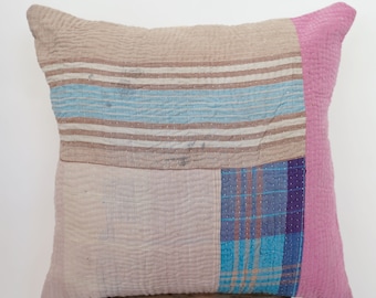 Handmade Kantha Pillow Cover (45x45cm): Vintage Patchwork Cushion