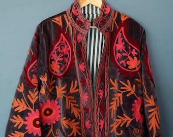 Velvet Suzani Embroidered Jacket | Boho Kantha Quilt