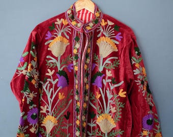 Velvet Suzani Embroidered Jacket | Boho Kantha Quilt