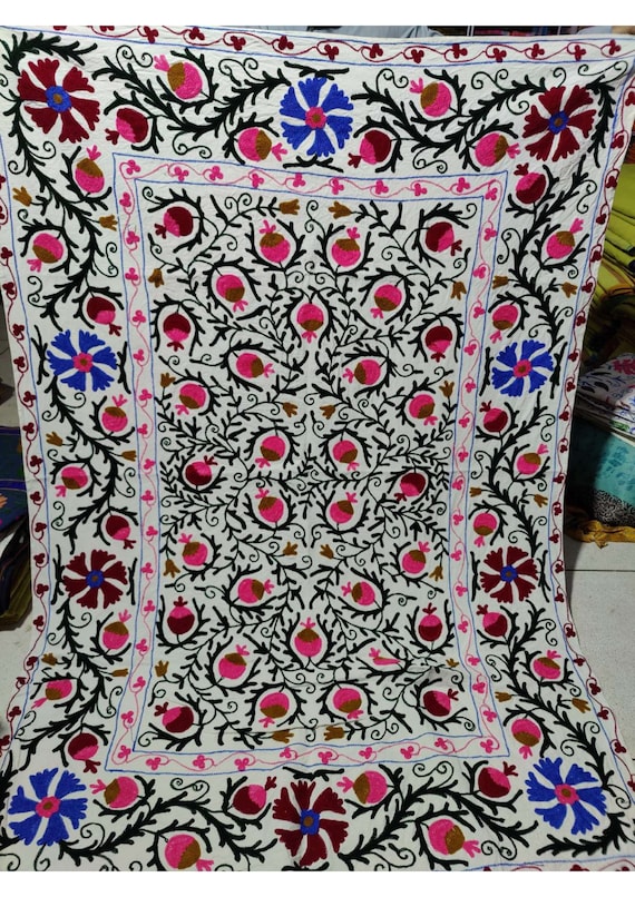 Hand Embroidered Cotton Suzani Throw Blanket: Uzbek Floral Bedspread