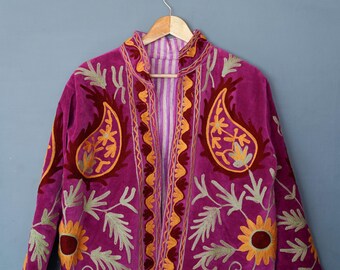 Velvet Suzani Embroidered Jacket | Boho Kantha Quilt