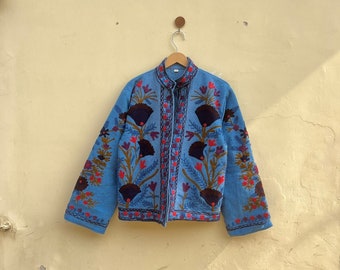 Cotton Suzani Hand Embroidery Jacket Coat, Blue Women Wear Winter Jackets, Bridesmaid Gift, Winter Jacket, Kimono Robe, Bridesmaid Jackets