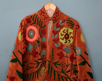 Velvet Suzani Embroidered Jacket | Boho Kantha Quilt