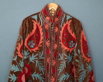 Velvet Suzani Embroidered Jacket | Boho Kantha Quilt