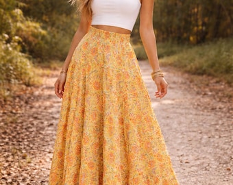 Falda larga amarilla con estampado floral, conjunto de falda boho de verano, falda larga fluida con top corto.