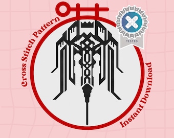 May include: A cross stitch pattern design featuring a black geometric shape within a white circle, framed by a red border. The words "Cross Stitch Pattern" and "Instant Download" are in red. A "Tested" badge is also present.