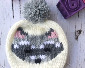 Niedliche Baby Wintermütze, gestrickte Baby Waschbär Mütze, Waschbär Wintermütze, Waschbär Mütze, Baby Wintermütze, Hans Strick Wintermütze