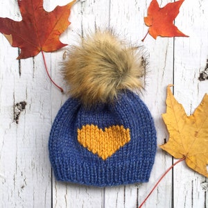 Yellow Heart Beanie, Blue Touque with PomPom, Blue Winter Hat, Hat with Heart and PomPom, Winter Hat for Kids