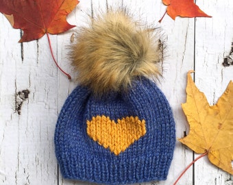 Yellow Heart Beanie, Blue Touque with PomPom, Blue Winter Hat, Hat with Heart and PomPom, Winter Hat for Kids