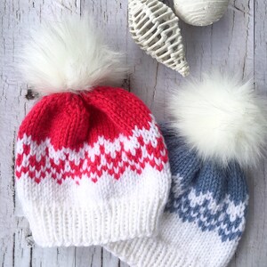 Hot Pink Knitted Fair Isle Beanie, Pink Winter Hat with White PomPom, White Beanie, Pink Beanie. Winter Hat with Fur PomPom, Blue Winter Hat
