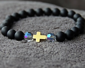 SALE - Natural 8mm Stone Black Matte Onyx And Crystal Beaded Unisex Bracelet With Cross  Faith & Love Inspired Spiritual Gift Minimal