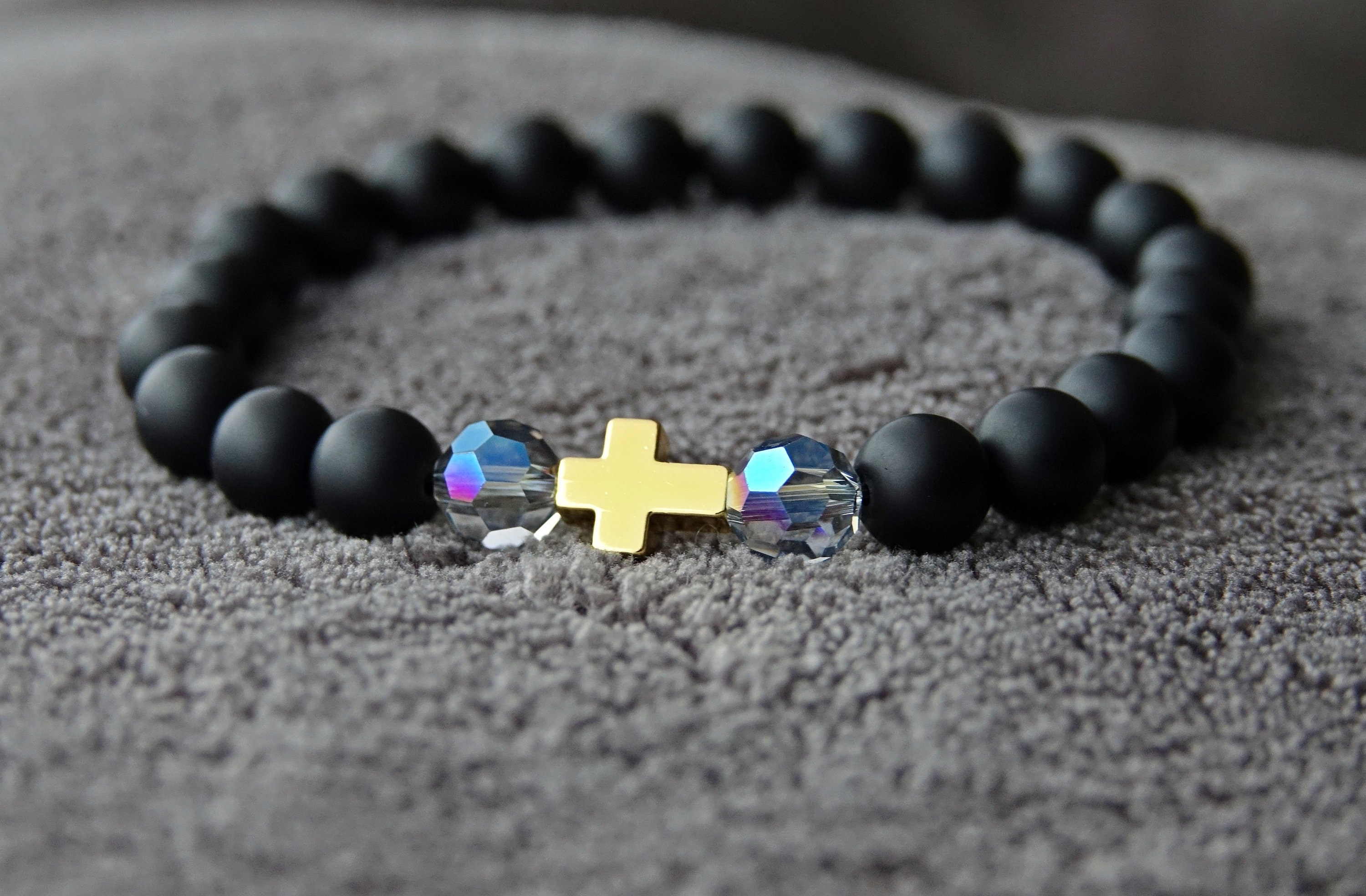 SALE - Natural 8mm Stone Black Matte Onyx and Crystal Beaded