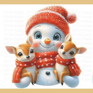 Niedlicher Schneemann mit Rentierfreunden, Weihnachtscliparts – festliche DIY-Druckkunst für Weihnachtskarten, Geschenkverpackungen, Tassen und mehr!