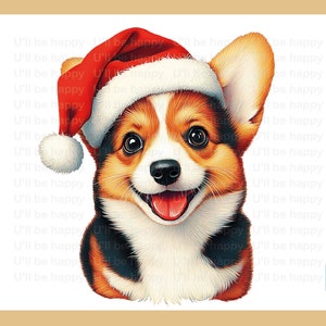 Smiling Corgi wearing Santa hat | Cute dog holiday art, perfect for holiday decor, holiday handbags, mugs, unique gifts