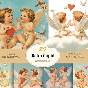 20 PNG et JPG Illustrations Rétro de Cupidon pour la Saint-Valentin–Scènes d'Anges Murmurants de Haute Qualité–Cartes,Cadeaux et Décorations