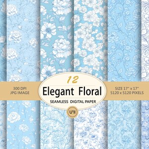 Peut inclure: Ensemble de 12 papiers numériques sans couture avec des motifs floraux élégants en bleu clair et blanc. Chaque papier présente un motif floral différent, notamment des roses et d'autres fleurs. La taille est de 17" x 17" (43,18 cm x 43,18 cm).