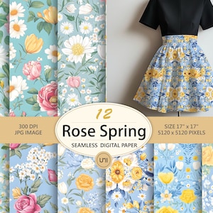 Peut inclure: Un ensemble de 12 papiers numériques avec des motifs floraux comprenant des roses, des marguerites et des tulipes dans des tons de jaune, rose et blanc sur un fond bleu clair. Le texte "Rose Spring" et "Papier numérique sans couture" est inclus dans l'image.