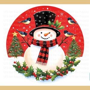 Boneco de neve festivo com cartola e lenço vermelho, cercado por pássaros alegres e árvores de Natal, canecas de Natal, designs de camisetas, cartões digitais