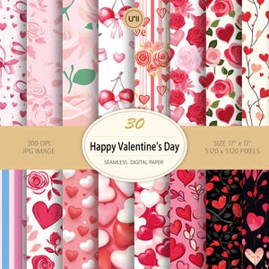 30 Motifs Sans Couture Saint-Valentin - Cœurs, Roses, Tons Rouges & Roses - Téléchargement Numérique pour Cartes, Papier Cadeau, Tissus