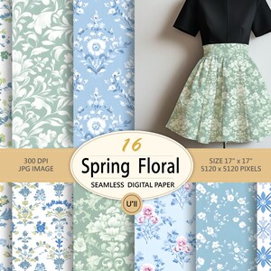 Peut inclure: Un ensemble de 16 papiers numériques avec des motifs floraux dans des tons de bleu, vert et blanc. Les papiers sont sans couture et peuvent être utilisés pour une variété de projets d'artisanat. Le texte "Spring Floral" est affiché sur l'image.