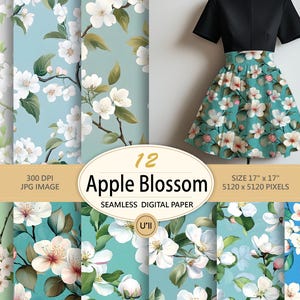 Peut inclure: Un ensemble de 12 papiers numériques avec un motif sans couture de fleurs de pommier blanches sur un fond bleu. Les papiers sont de 300 DPI et mesurent 43 cm x 43 cm.