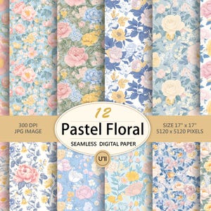 Peut inclure: Un ensemble de 12 papiers numériques avec des motifs floraux pastel. Chaque papier mesure 43 cm x 43 cm et a une résolution de 300 DPI. Les papiers sont sans couture et parfaits pour les projets d'artisanat.