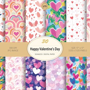 30 Seamless Love-Themed Illustrations – Cœurs Roses & Violets – Idéal pour Cartes, Papiers Cadeaux, Tissus et Décors Festifs