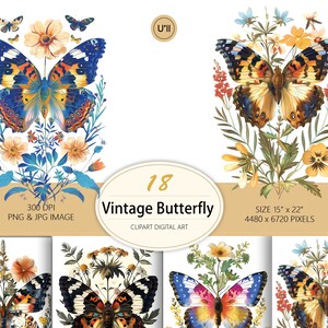 18 Vintage Schmetterlings- und Blumenillustrationen, von der Natur inspirierte Wandkunst, Digitaler Download, DIY Basteldesigns, Grußkarten, Briefpapier