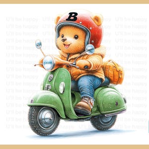 10 JPG de Haute Qualité d'animaux aquarelle - Ourson adorable en scooter, art mural pour chambre d'enfant, déco fantaisiste et douce.