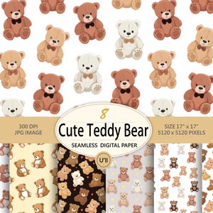 Peut inclure: Motif de papier numérique avec des ours en peluche de différentes couleurs, marron, beige et blanc, chacun avec un nœud papillon. Le texte "Cute Teddy Bear" et les détails de la taille et de la résolution de l'image sont inclus.