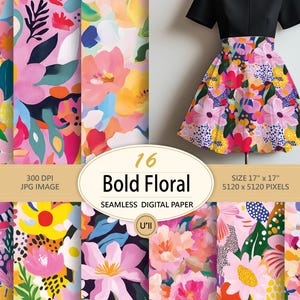 Peut inclure: Un ensemble de 16 papiers numériques avec des motifs floraux audacieux dans différentes couleurs, notamment le rose, le jaune, le bleu et le vert. Les papiers sont sans couture et peuvent être utilisés pour une variété de projets d'artisanat. Le texte "16 Bold Floral Seamless Digital Paper U'll" est inclus dans l'image.