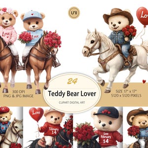 24 PNG et JPG illustrations de haute qualité de Cowboy Ours pour la Saint-Valentin–Romantiques à Cheval,Idéal pour DIY Cartes, Cadeaux
