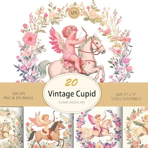 20 PNG + JPG-Amor-Illustrationen zum Valentinstag – runde Retro-Arrangements mit Engeln und Pferden für Karten und Dekorationen