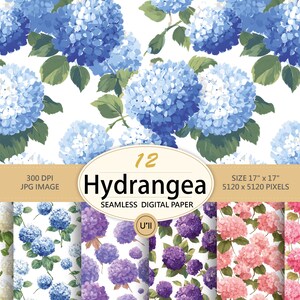 Peut inclure: Papier numérique avec un motif continu de fleurs d'hortensia bleues sur fond blanc. L'image comprend le texte "12 Hydrangea Seamless Digital Paper" et des dimensions de 43 cm x 43 cm. L'image est de 300 DPI et 5120 x 5120 pixels.