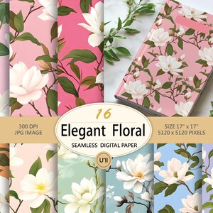 Peut inclure: Un ensemble de 16 papiers numériques avec un motif sans couture de fleurs de magnolia blanches sur différents fonds pastel. Les papiers mesurent 43 cm x 43 cm et 300 DPI.