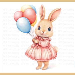 6 Watercolor Bunny Prints, Cute Rabbit Illustration with Balloons, Nursery Wall Art, Kids Room Decor