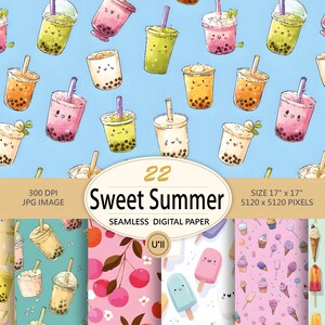 Peut inclure: Un motif de papier numérique avec un motif répétitif de boissons au thé aux perles colorées de différentes saveurs, avec des pailles et des garnitures, sur un fond bleu clair. Le motif comprend le texte "22 Sweet Summer" et les dimensions 43cm x 43cm.